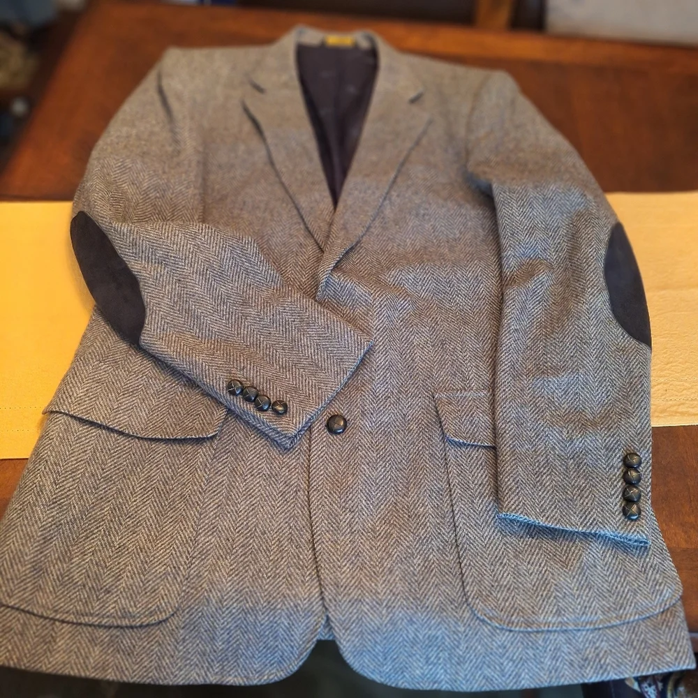 Vintage Gray Wool Herringbone Suit Coat Blazer with Elbow Patches 44 L